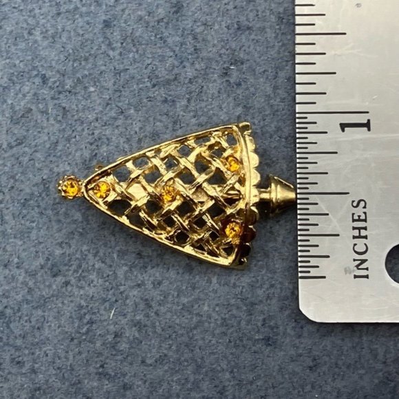 Christmas Pin Brooch Tree Gold Amber Rhinestone Woven Open Weave Vintage Retro - Picture 7 of 7